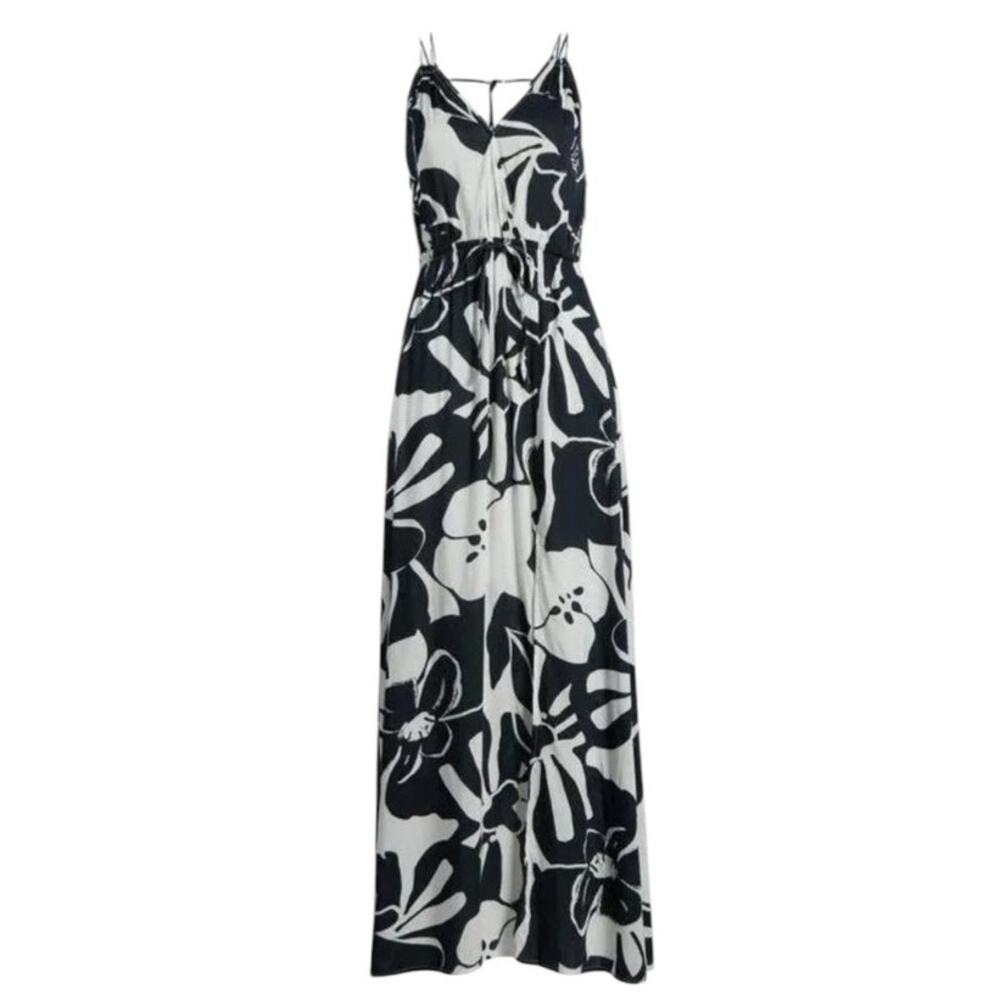 Elan Small Maren Maxi Dress Black White Front Slit Cruise Wear V Neck Boho Flowy - Picture 2 of 16